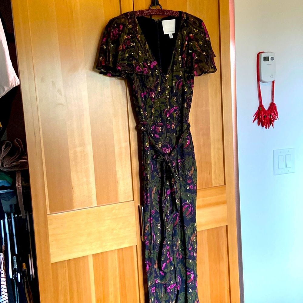 Anthropologie Olive Green Jumpsuit with Purple Floral Print